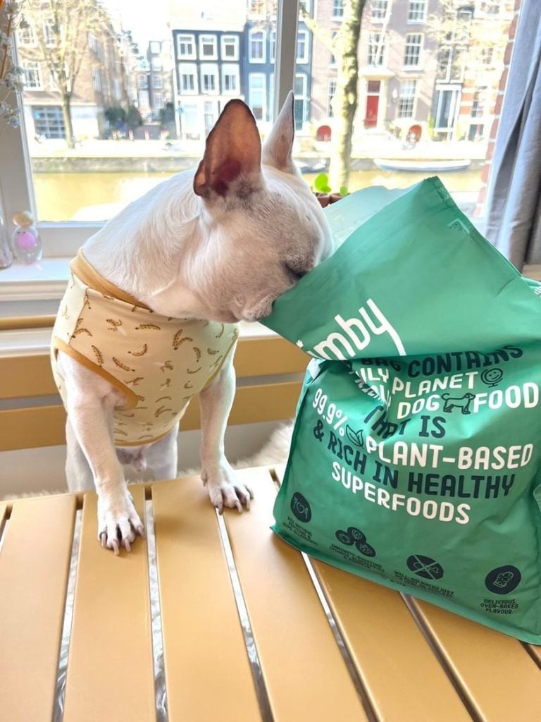 Een hond die rechtstreeks uit een zak hondenvoer van Imby Pet Food eet.